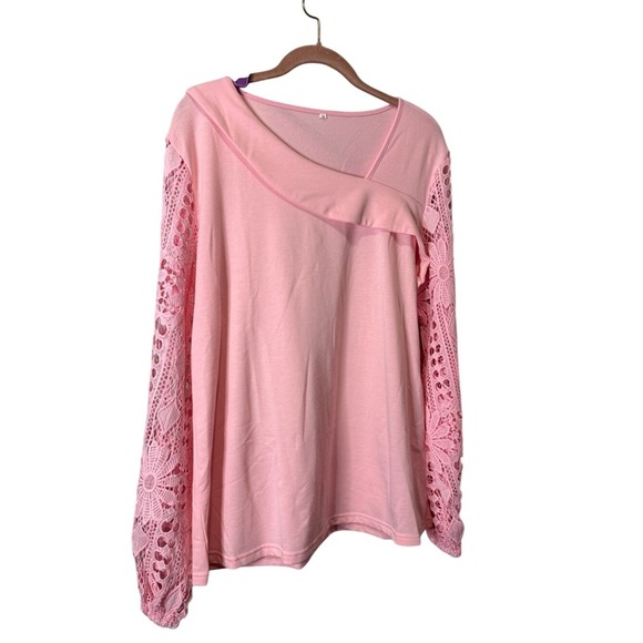 Aumora Tops - Aumora Pink Asymmetrical Neck Top Floral Crochet Lace Long Sleeve Plus Size 2XL